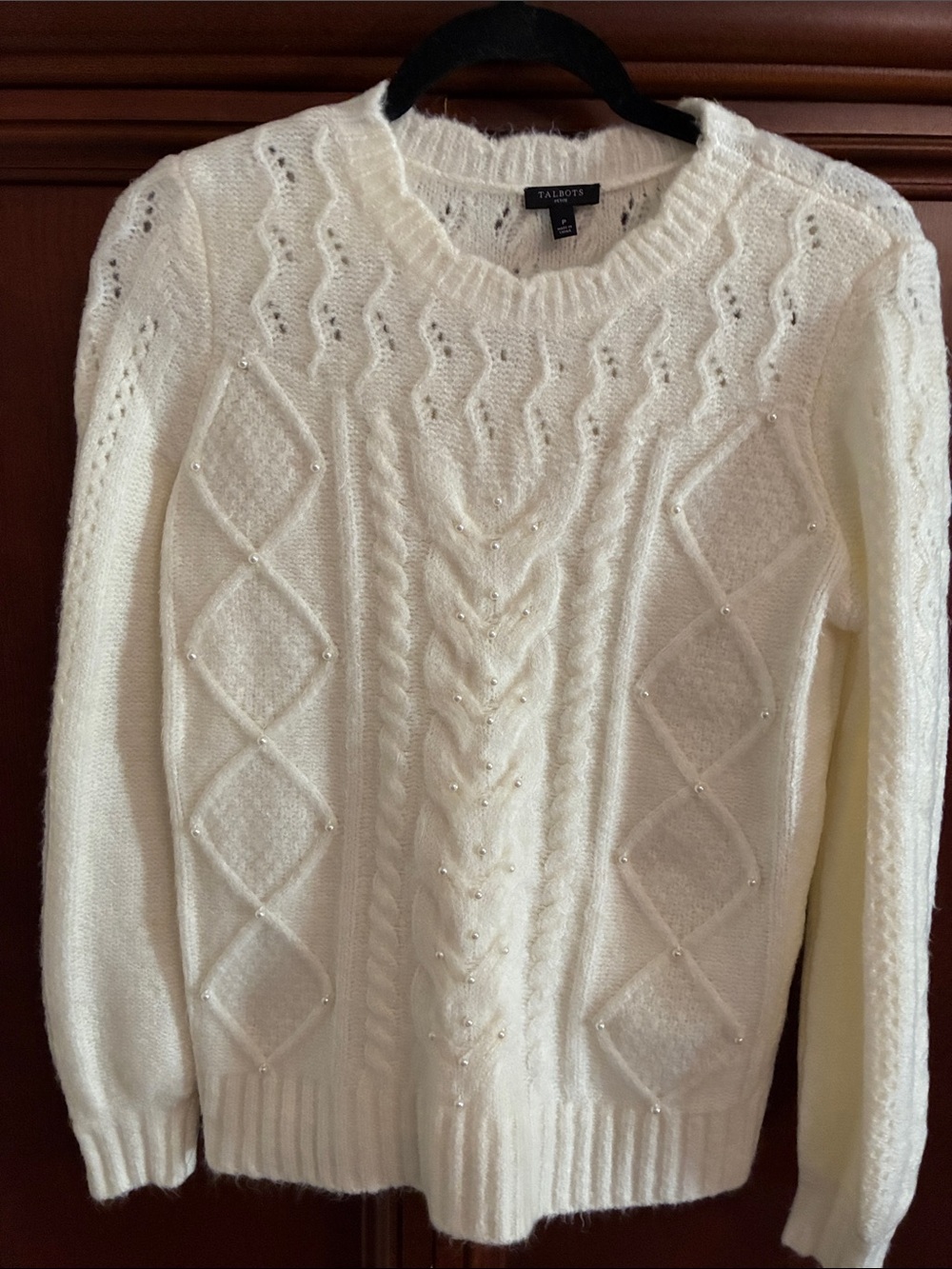 Talbots Ivory Cable-Knit Pearl Accent Crewneck Sweater